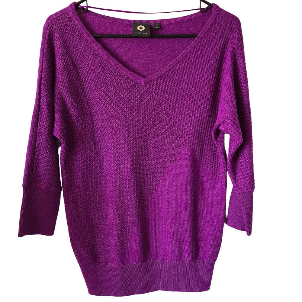 Amber Sun Wool Blend V-Neck Sweater Purple Women's Size S
